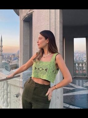 Zara Lime Green Crochet Square-Neck Crop Top